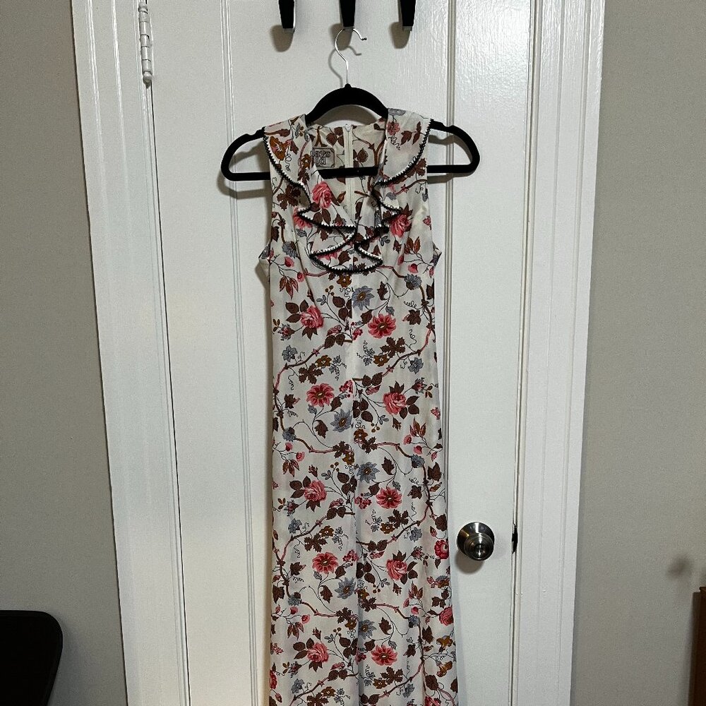 Vintage 70s Sundays Child White Ruffle Neck Floral Maxi Dress